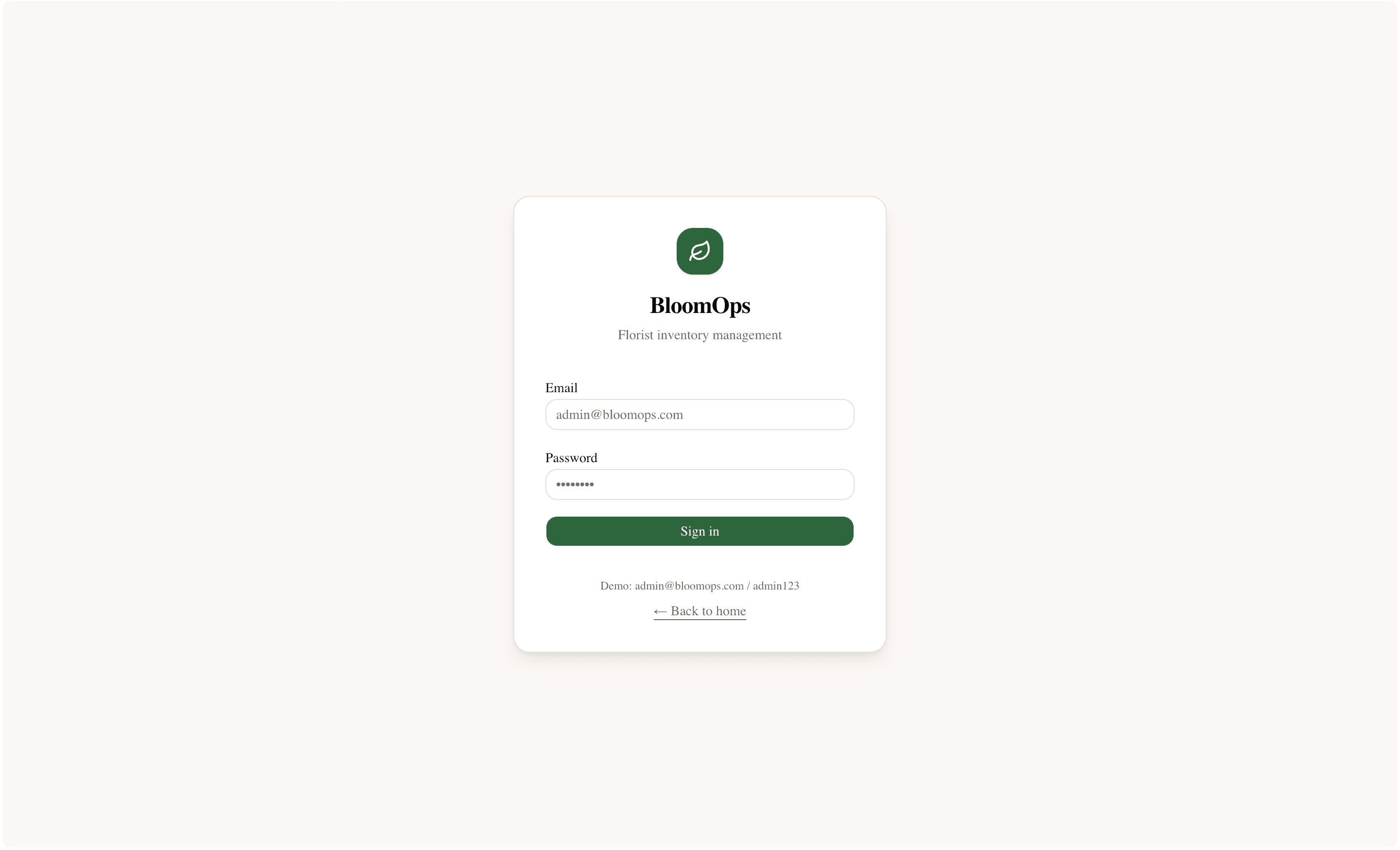 BloomOps — Login — authenticated entry with email