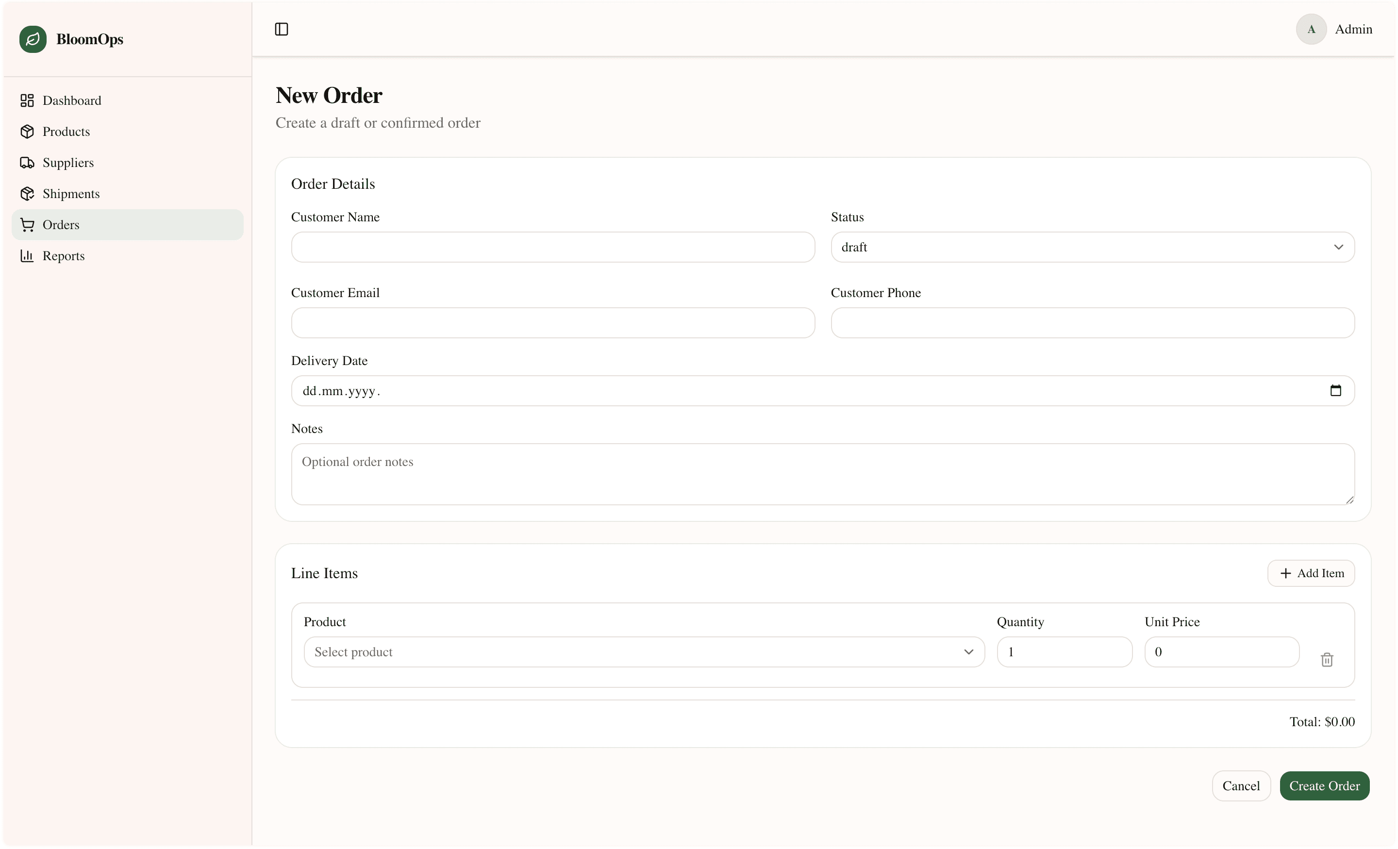 BloomOps — New order — line items with automatic price calculation