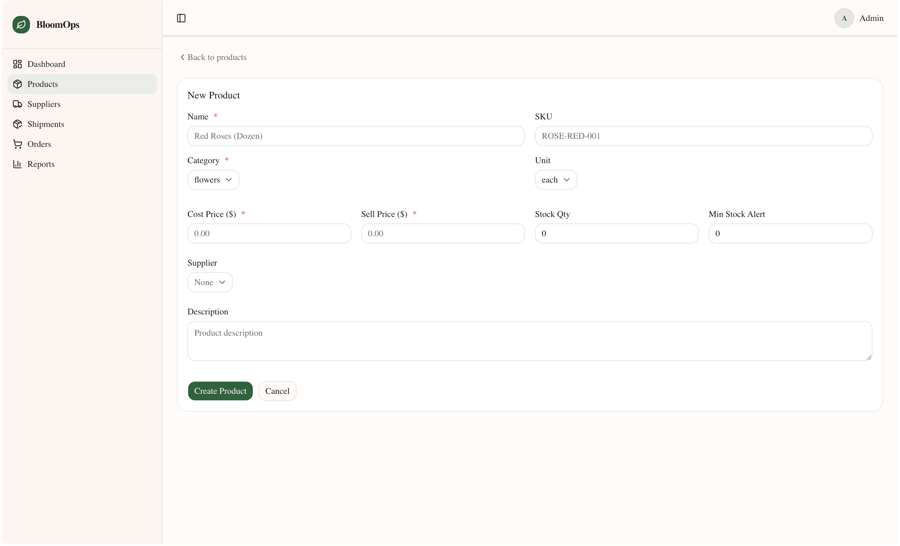 BloomOps — Add product — standardised form layout used across all entity types