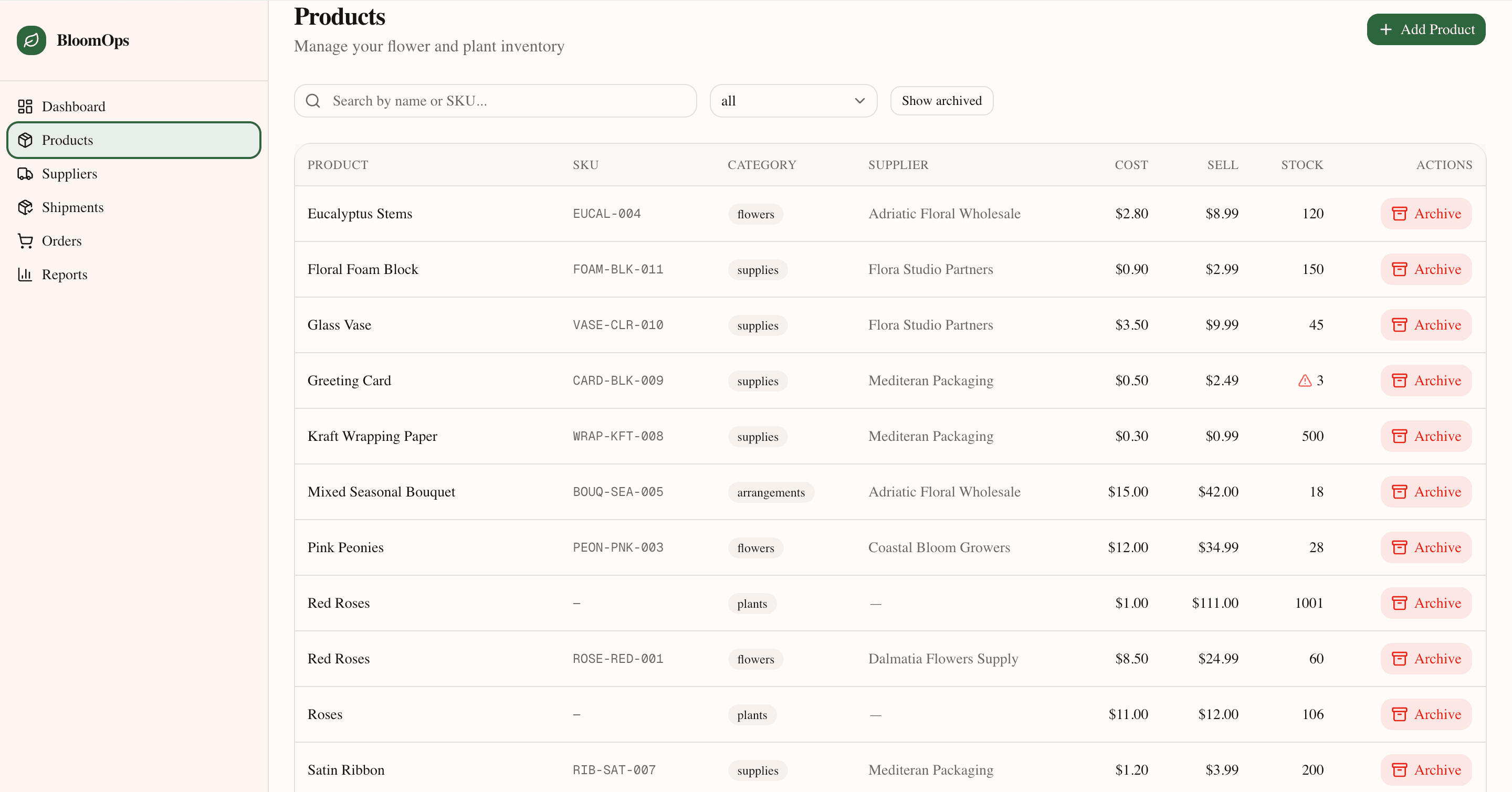 BloomOps — Product inventory — full catalogue with cost, sell price, and stock levels