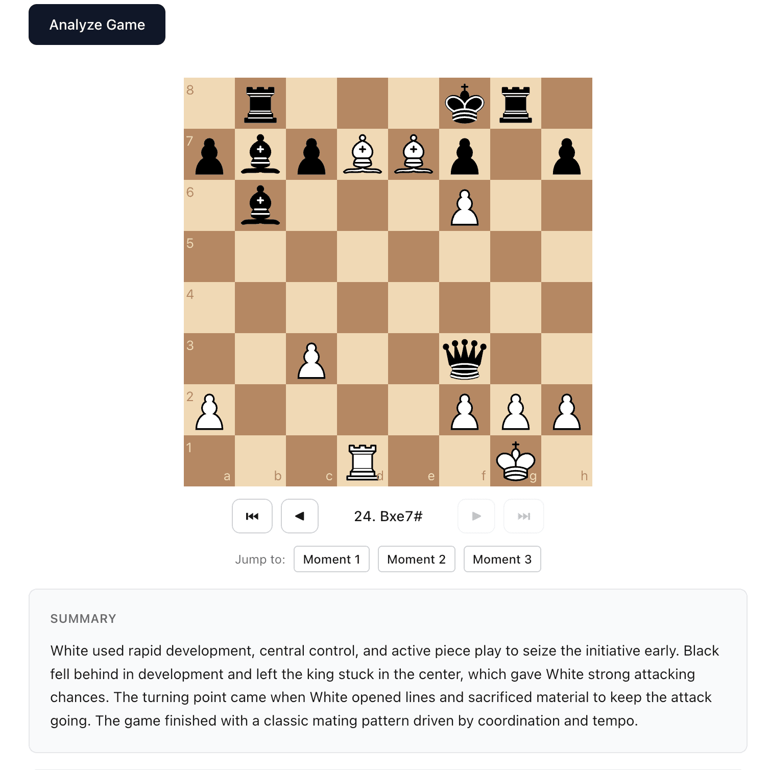 Kibitz — PGN input showing a chess game ready for analysis
