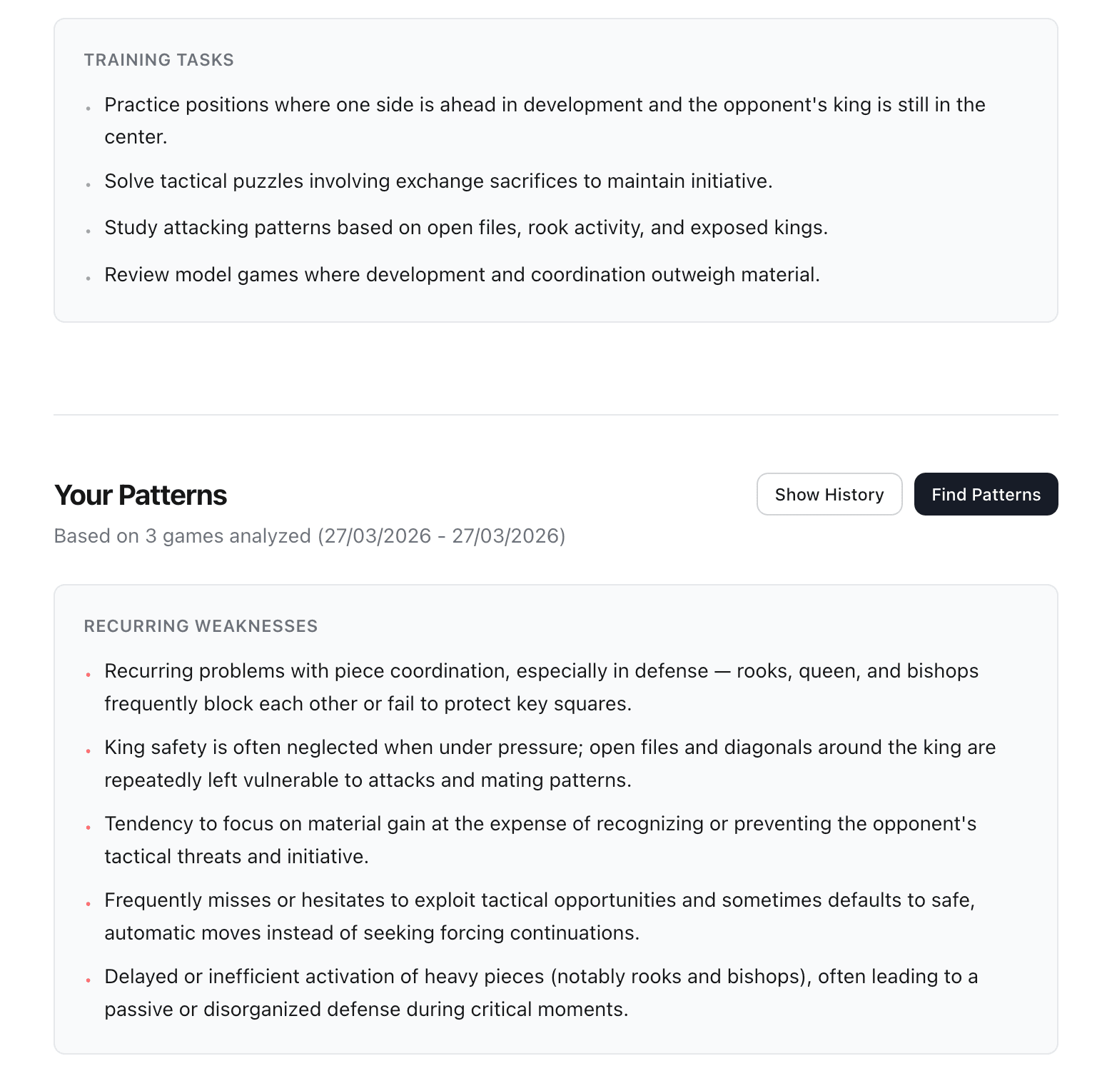 Kibitz — Cross-game patterns — recurring weaknesses and strengths that emerge across multiple analyses