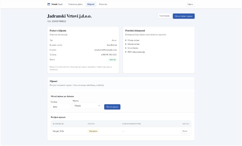 Month-Track — Client detail — per-client document requirements and history
