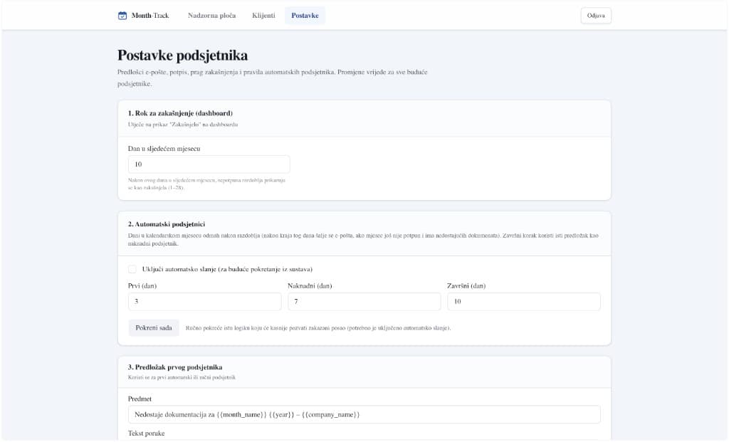 Month-Track — Reminder settings — configurable thresholds for automatic follow-ups