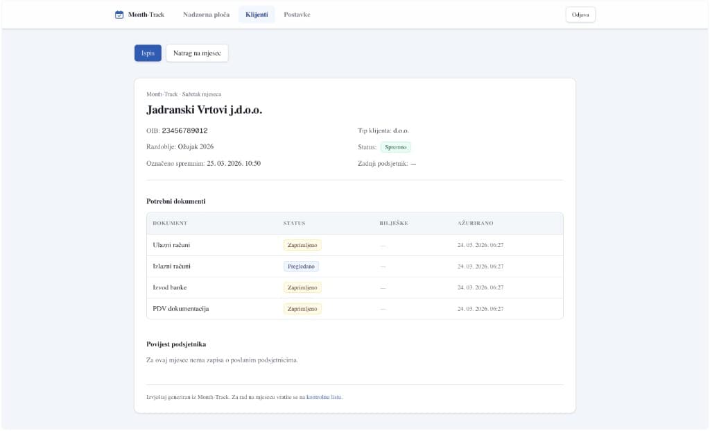 Month-Track — Monthly summary — printable report for month-end closure